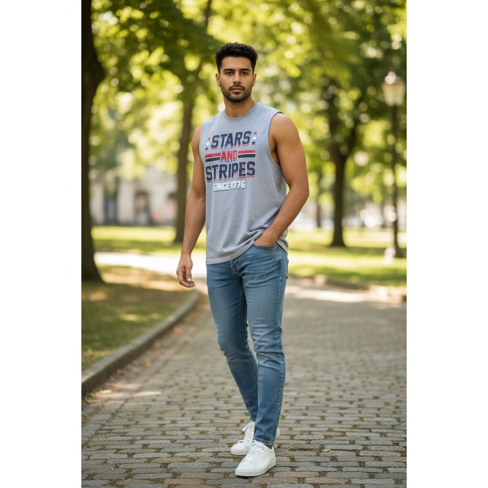 Mens Gray Sleeveless Graphic Tank‎ Top Stars and Stripes Since 1776 Patriotic L